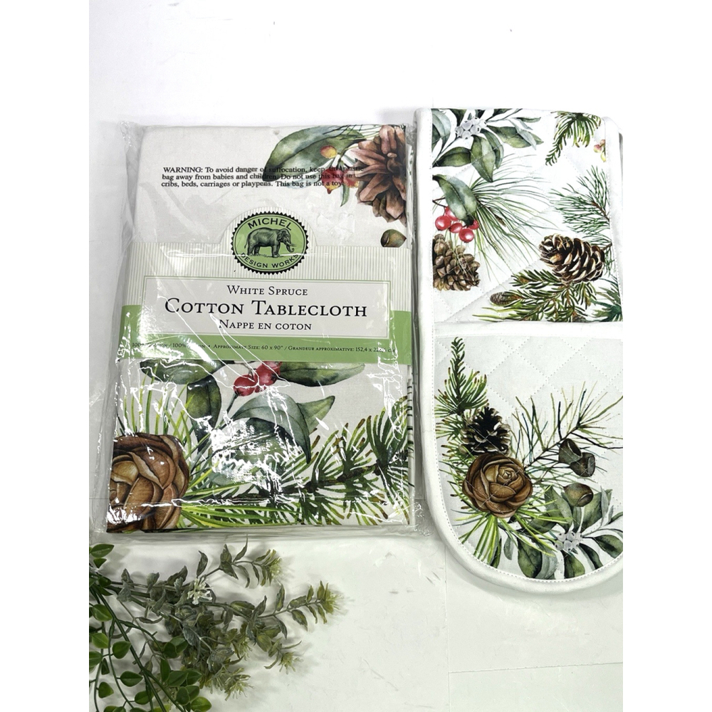 Michel Design Works Set Christmas White‎ Spruce Tablecloth w/ Double Oven Glove